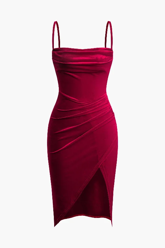 empire waist dresses for women -Velvet Asymmetric Wrap Ruched Slit Cami Mini Dress