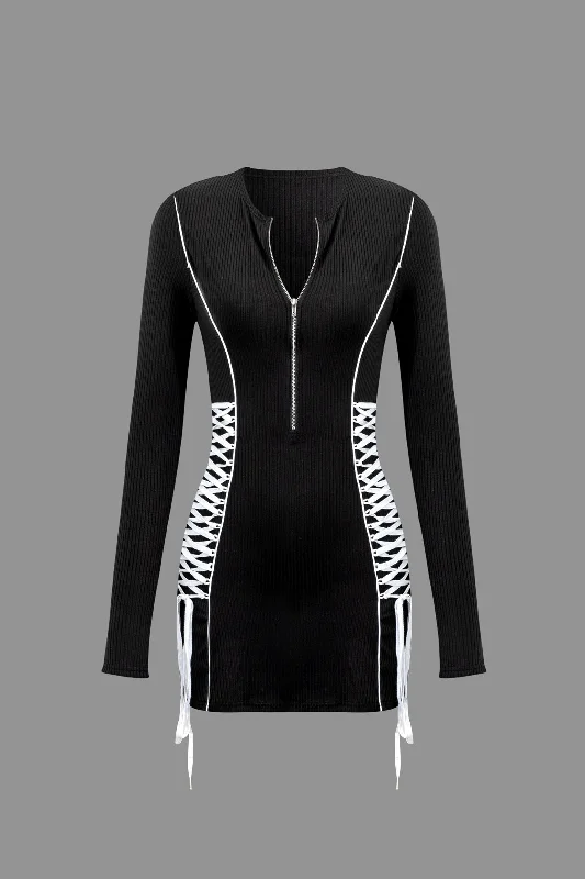 cute summer dresses for women -Lace-Up Zip Front Long Sleeve Mini Dress