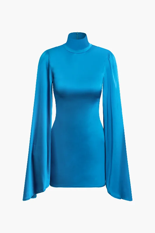 velvet dresses for women -Solid Turtleneck Bell Sleeve Ruched Mini Dress