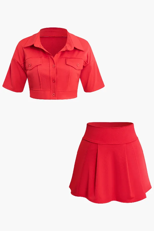 women's party dresses -Short Sleeve Crop Shirt And Mini Skirt Set