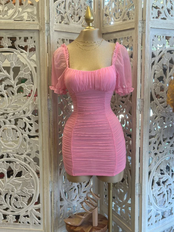 pleated midi dresses for women -Mesh Sleeve Pink Mini Dress