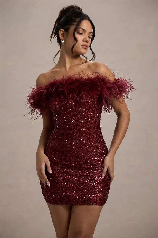 vintage-inspired dresses for women -New Money | Burgundy Bodycon Sequin Mini Dress With Feather Trim