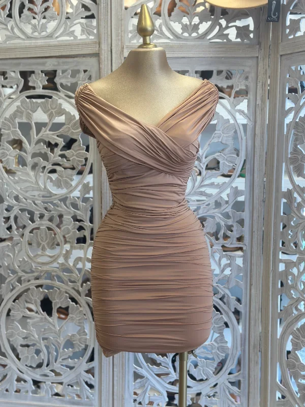 empire waist dresses for women -Nude Crossed Mini Dress