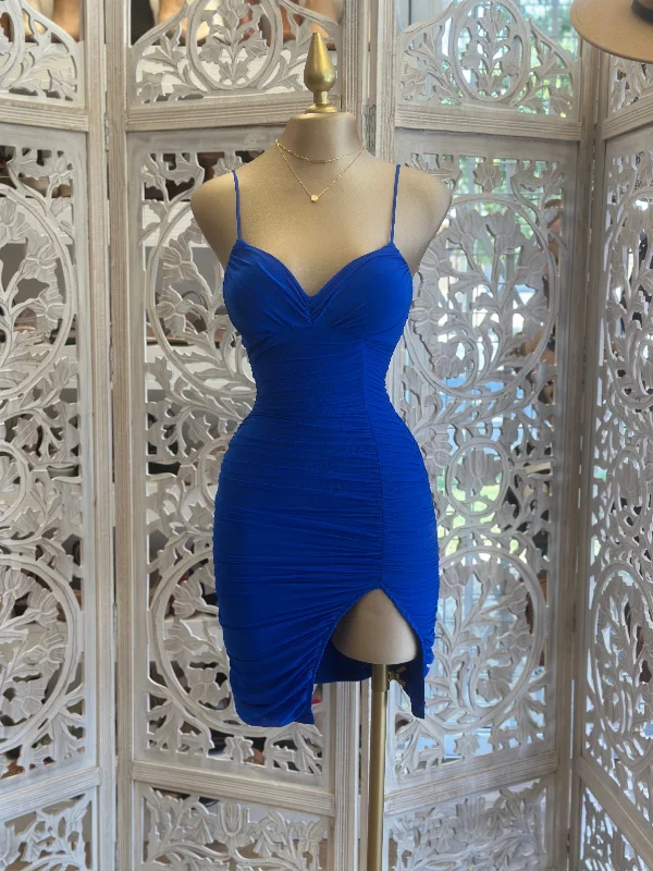 plus size dresses for women -Royal Blue Slit Mini Dress