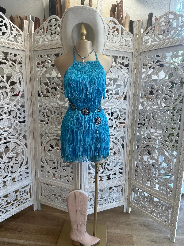 sleeveless maxi dresses for women -True Blue Halter Fringe Dress