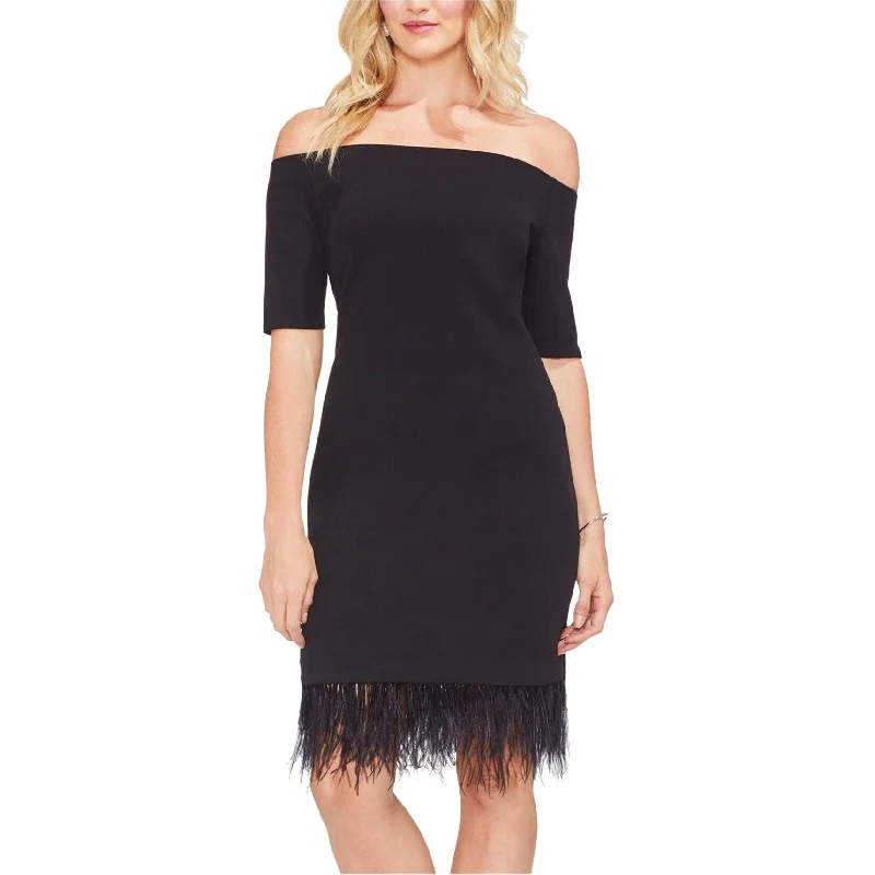 dressy long sleeve dresses for women -Vince Camuto Womens Feather Hem Off-Shoulder Dress, Black, XX-Small