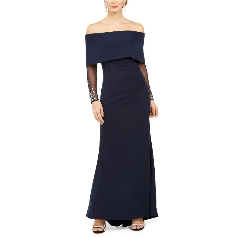 chic maxi dresses for women -Vince Camuto Womens Rhinestone Sleeve Gown Off-Shoulder Dress, Blue, 6