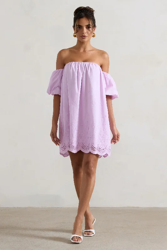 satin slip dresses for women -Wendy | Lilac Poplin Bardot Scallop Trim Smock Mini Dress