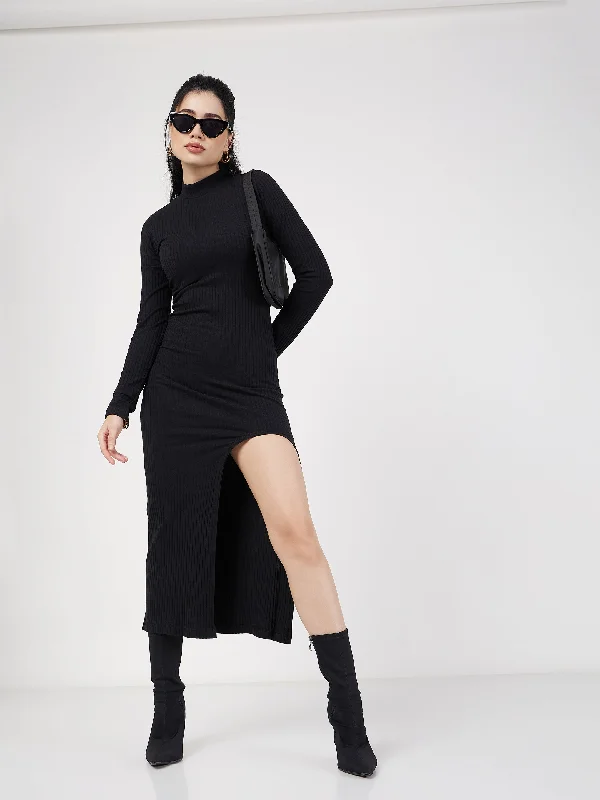 cozy sweater dresses for women -Women Black Rib Turtle Neck Front Slit Dress