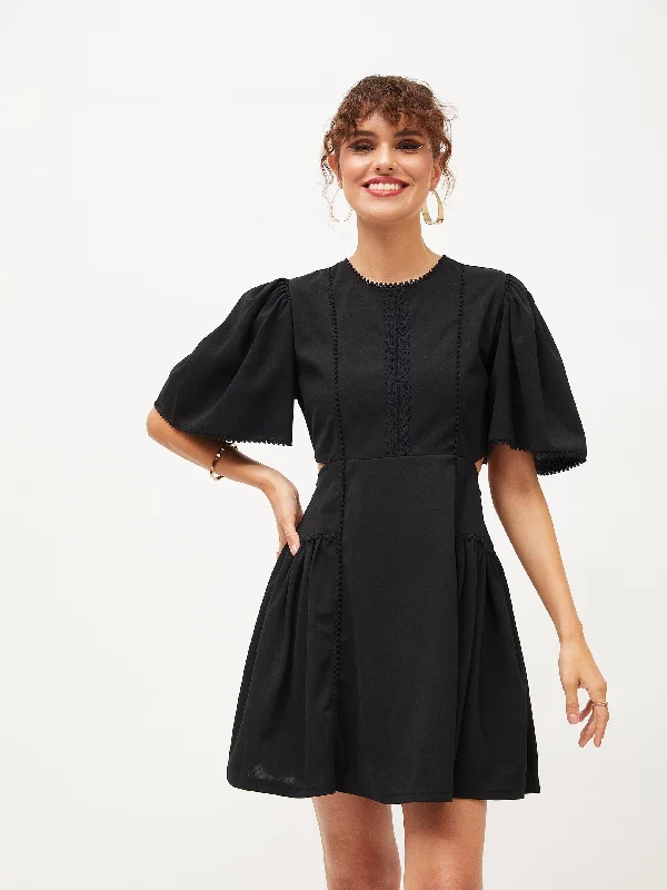 elegant silk dresses for women -Women Black Side Cut Out Skater Dress