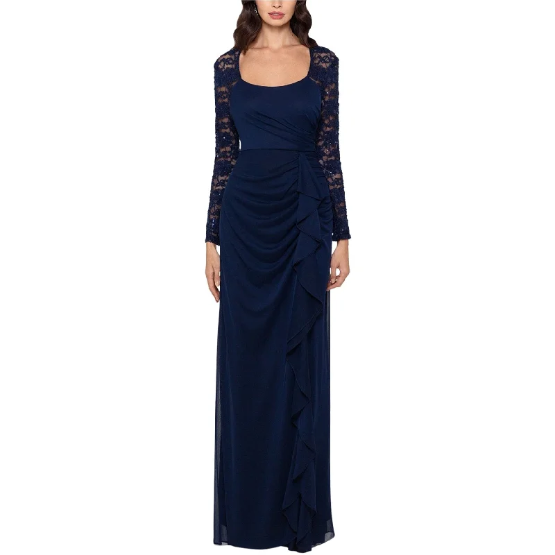 women's casual dresses -Xscape Womens Lace-Sleeve Side-Ruching Gown Dress